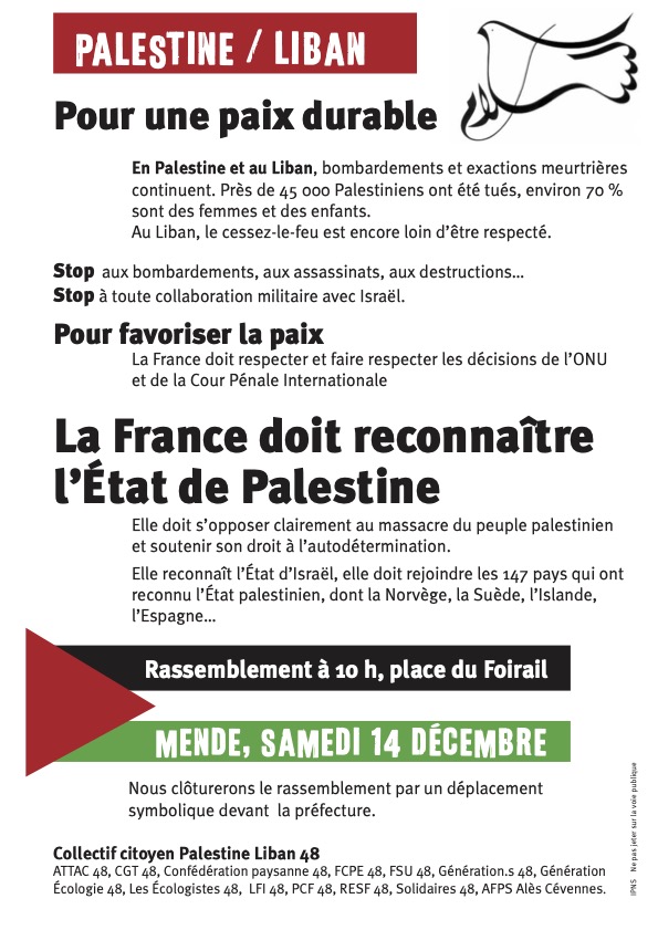 Un rassemblement est proposé à Mende ce samedi 14 décembre à Mende